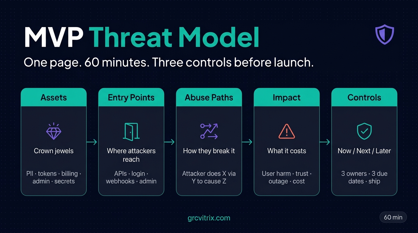 MVP threat modeling for SaaS startups — one-page template showing assets, entry points, abuse paths, impact, and controls